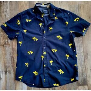 Denim & Flowers Men’s M Shirt – Navy Yellow Palm Tree Button Up, Short Sleeve